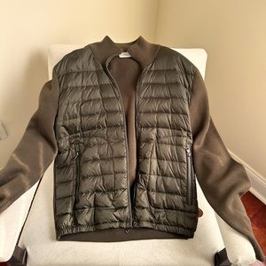 Beautiful Olive Green Moncler light weight puffer sweater with wool sleeves